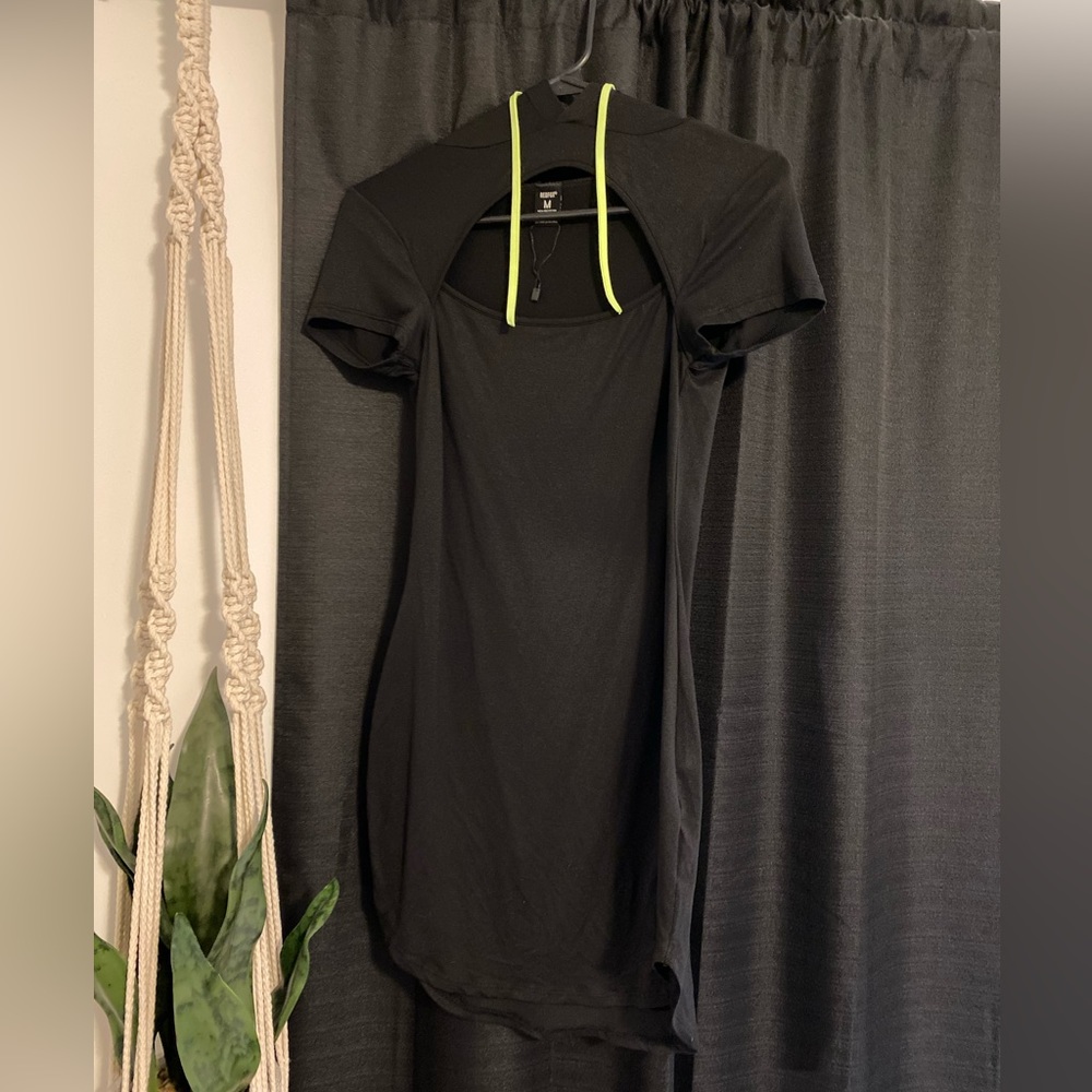 Redfox mini dress with chest opening. Black with neon green tie. Size Medium.
